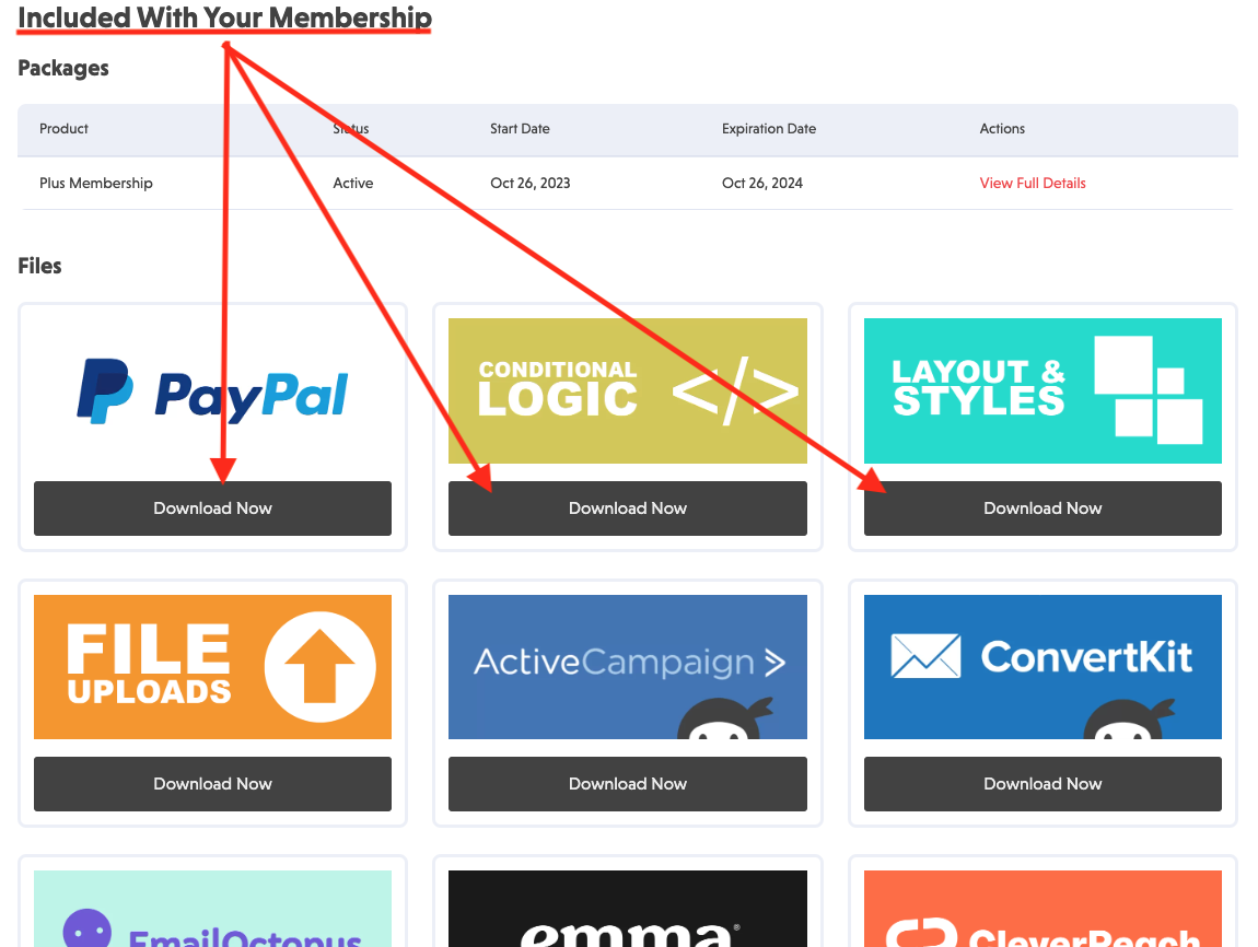 image of the NinjaForms.com account page, under the Downloads tab, with add-ons included with a membership pictured. Each add-on has its own card icon, and a Download Now button is present on each card. 